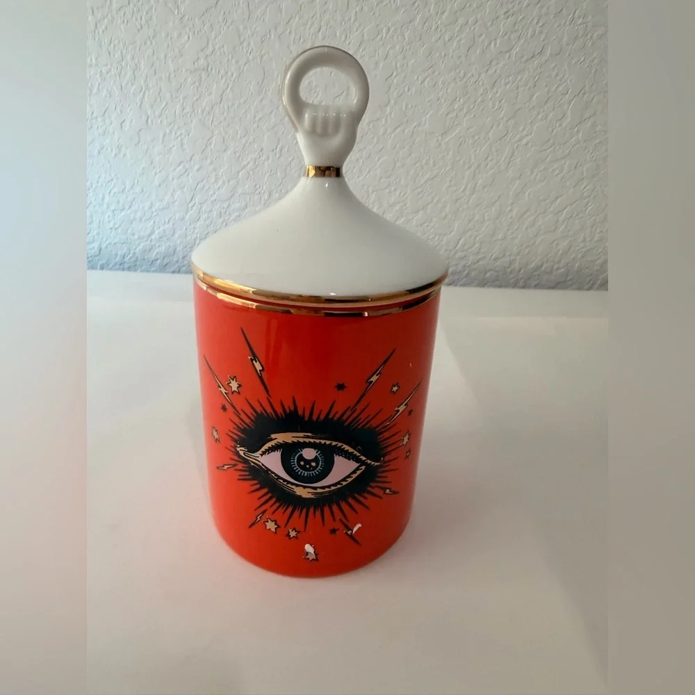 Whimsical Goth Evil Eye small Ceramic Jar Orange White Gold Eclectic Decor